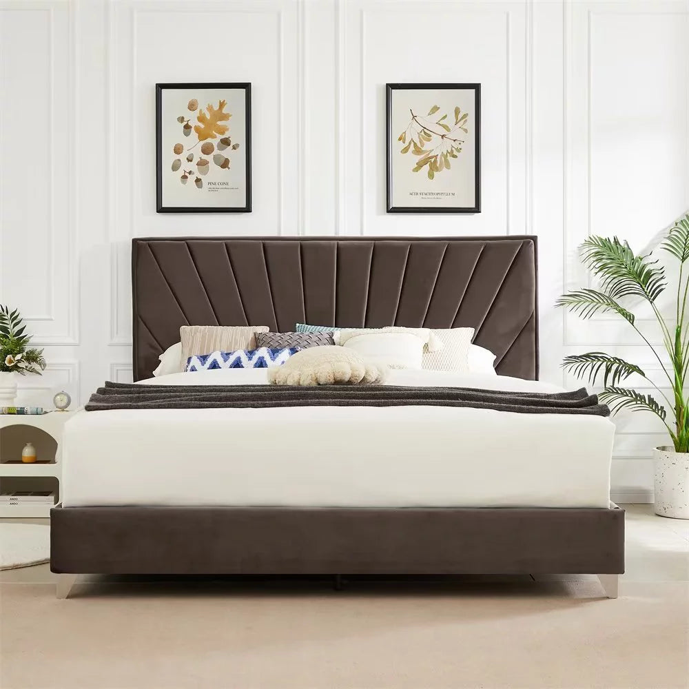 Upholstered Platform Bed, King Bed Frame with Line Stripe Cushion Headboard for Adults, No Box Spring Needed, Brown