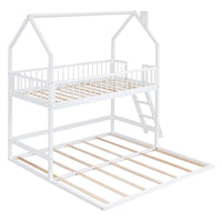 Twin Size Bunk Bed Frame for 3 Children, Extending Wooden Triple Bunk Beds, House Bed with 11.4inch Guardrail and Inclined Ladder for Boys Girls Teens, White