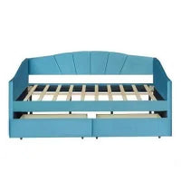 Twin Size Upholstered Daybed, Velvet Daybed with Two Storage Drawers, Wood Slat Support Sofa Bed Frame, No Box Spring Needed, Velvet Grey Daybed with Drawers, No Mattress Included, Blue