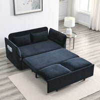 57" Modern Convertible Sofa Bed with 2 Detachable Arm Pockets, Velvet Loveseat Multi-position Adjustable Sleeper Sofa,Pull Out Futon Couch with Bedhead and 2 Pillows,Black