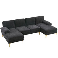 U Shaped Indoor Modular Sofa, 4-Seat Chenille Fabric Upholstered Sectional Sofa with Double Chaise Lounge and Gold-Plated Feet, Modern Leisure Couch Sofa for Living Room Apartment, Black