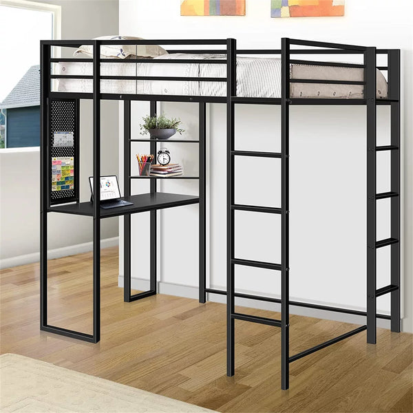 Twin Size Loft Bed with Desk and Shelves for Kids Teens Adult, Metal Bed Frame with Two Build-in Ladders and Full-Length Guardrail, Noise Free, Space-Saving Design, No Box Spring Needed