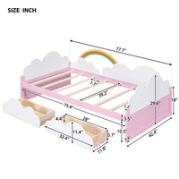 Girls Twin Size Bed with Clouds and Rainbow Decor, Solid Wood Platform Bed Frame with 2 Drawers, Twin Bed Frame with Sturdy Slats Support for Kids Bedroom, No Box Spring Needed, Space-Saving Design