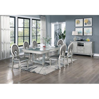 Dining Table Set for 6, Antique Traditional 7 Piece Kitchen & Dining Room Set, Wood Rectangle Table Top with Glass Extension Leaf, 6 Upholstered Side Chairs with Cut out Back, Silver+Gray