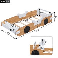 Twin Size Racing Car Shaped Bed,Wood Platform Bed Frame with Door Design and Storage for Kids Boys Girls,Natural+White+Black