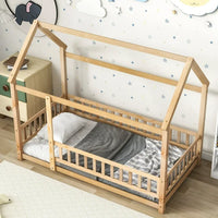 Twin Floor Bed for Kids, Wooden House Bed Frame with Roof, Fence Guardrails, Montessori Bed for Toddlers Girls Boys, Natural