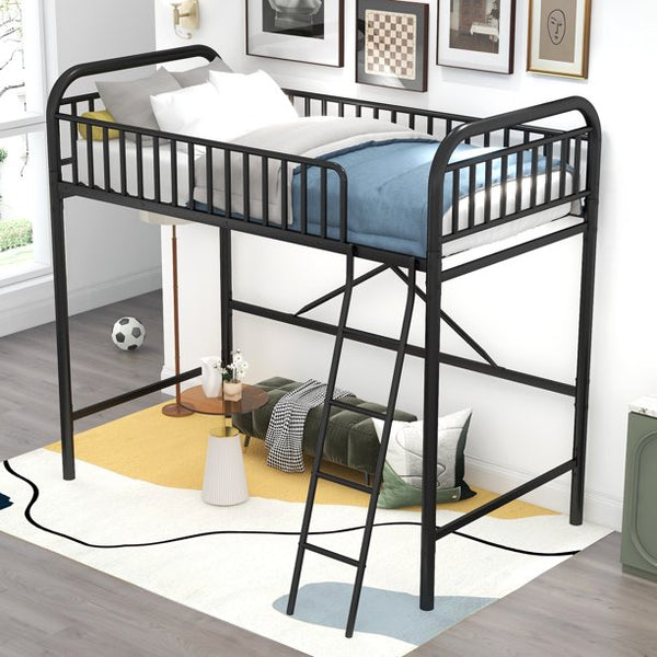 Twin Size Metal Loft Bed, Heavy-Duty Slatted Loft Bed Frame with Integrated Ladders, Space-Saving Bed Frame with Safety Full-Length Guardrails for Kids Teens Adults, No Box Spring Needed, Black