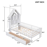 Twin Bed Frame with Fence Railings and House-Shaped Storage Headboard, Wood House Shape Twin Size Platform with 2 Drawers for Kids Boys Girls, Safety Guardrails Design, White