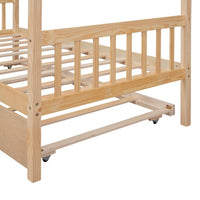 Twin Size House Bed Frame, Wood Platform Bed with Twin Size Trundle, Decorative Canopy Bed Top, Sturdy Frame Wood Legs Supprot, No Box Spring Needed, Natural