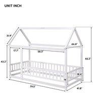 Twin Size Floor Wooden Bed with House Roof Frame, House Shape Platform Bed with Fence Guardrails, Twin Size House Shape Bed for Kids Teens, White