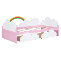 Twin Size Daybed with 2 Storage Drawers,Wood Platform Bed with Clouds and Rainbow Decor,Twin Bed Frame for Kids Girls Boys,White+Pink