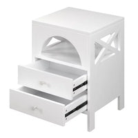 White Nightstand with Charging Station Modern End Tables with USB Ports and Outlets LED Lights, 3-Tier Bedside Table with Open Shelf and 2 Drawers, Sofa Side Table Storage Cabinet Arch Design, White