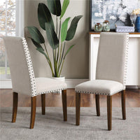 Upholstered Dining Chairs Set of 2, Modern Kitchen Chairs Set of 2, Linen Chairs with Copper Nails and Wood Legs, High Back, Mid Century, Living Room Bedroom,17.72 x 24.41 x 39.17 Inches, Beige