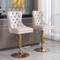 2Pcs Swivel Thick Velvet Upholstered Bar Stools, Adjusatble Seat Height Barstools with Golden Legs, Comfortable Tufted Back, for Home Pub and Kitchen Island, 27-35 Inch, Beige