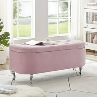 Velvet Storage Bench, Tufted Upholstered End of Bed Bench with Nail Head Decor and Metal Legs, Flip Top Storage Ottoman for Bedroom, Living Room, Entryway, Pink