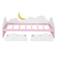 Twin Size Daybed with 2 Storage Drawers,Wood Platform Bed with Clouds and Crescent Moon Decor,Twin Bed Frame for Kids Girls Boys,White+Pink