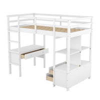 Twin Size Loft Bed with Built-in Desk, Twin Loft Bed Frame with Storage Shelves and Drawers,Solid Wood Bed Frame with Ladder and Guardrail for Kids Teens Adults, White