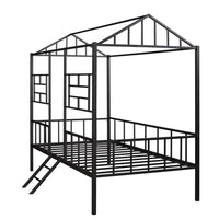 Twin Size House Bed, Metal House Bed Frame with Slatted Support, Low Loft Bed for Kids with Ladder and Full-Length Guardrail, Playhouse Bed with Roof, Window and Door Design for Boys and Girls, Black