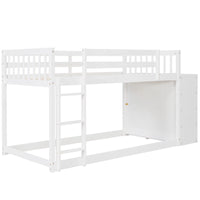 Twin Over Twin Bunk Bed with Storage Cabinet, Wooden Floor Bunk Bed with 4 Drawers and 3 Shelves, Low Bunk Beds for Kids Teens Adults, White