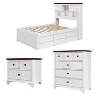 3 Pieces Wooden Captain Bedroom Set, Full Bed Frame with Trundle & Nightstand & Chest, Storage Bookcase Headboard Design, for Kids, White+Walnut