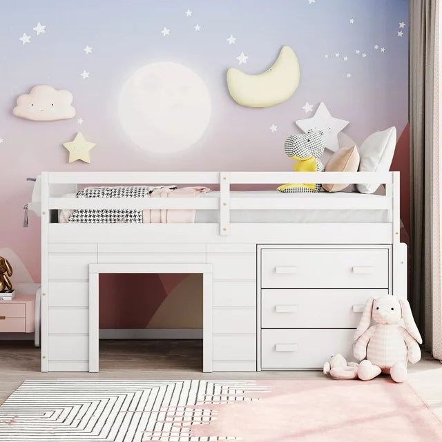 Twin Size Loft Bed with Storage Drawers and Bedside Tray, Wooden Low Loft Bed Frame with Cabinet, Farmhouse Loft Bed for Kids, Girls, Boys and Teens, No Box Spring Required, White