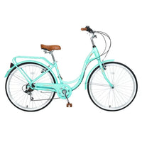 Women 26 Inch Bike with Steel Frame and Leather Saddle, Bicycle Frame with Front and Rear wheel, 7-Speed Drivetrain and Rear Rack, 26 Inch Bike for Road, Seaside and Travel