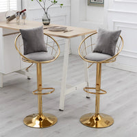 Velvet Bar Stools Set of 2,Swivel Barstool with Gold Base & Footrest,Height Adjustable Bar Chair,Upholstered Counter Height Dining Chair,Kitchen Island Chair for Living Room Pub Office,Grey