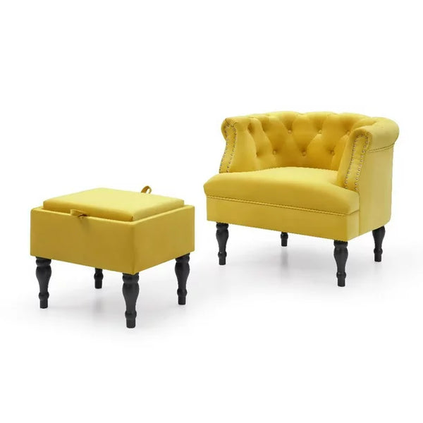 Modern Velvet Accent Chair with Storage Ottoman, Button Tufted Sofa Chairs Armchair with Nailhead Trim & Solid Wood Legs, Upholstered Lounge Chair Reading chair for Living Room Bedroom, Yellow