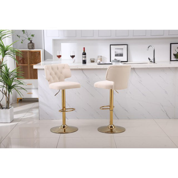 Modern Counter Height Barstools Set of 2, Swivel Velvet Bar Stools Counter Height Bar Chairs Adjustable Upholstered Tufted Stool with Curved Back & Footrest for Home Bar Kitchen Island Chair, Beige