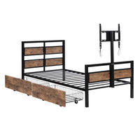 Twin Size Metal Platform Bed with MDF Headboard and Footboard, Multifunctional Platform Bed Frame with Two Storage Drawers and Rotatable TV Stand, Heavy Duty Platform Bed, Easy Assemble, Black