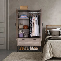 Wardrobe Armoire Closet with 2 Door, Freestanding Wardrobe Cabinet with Drawer & Hanging Rod, Bedroom Armoire Clothes Organizer, Grey(38" W x 20.5" D x 70.9" H)