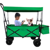 Folding Wagon Garden Cart 250LBS Capacity, Portable Beach Trolley Cart with Removable Canopy, Collapsible Wagon Cart with 4 Universal Wheels for Shopping Park Picnic, Beach Trip, Camping, Green