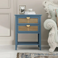 2 Rattan Drawers Nightstand with Non-Slip Foot Pads, American Style Bedside Table with Metal Handle, Boho End Table with Open Shelf for Bedroom, Living Room, 22.05"x15.75"x28.35"H, Blue