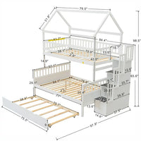 Twin over Full Size House Bunk Bed with Storage Staircase and Trundle, Pine Wood Bed Frame with Full-Length Guardrail, Space- Saving Design, for Kids, Girls, Boys, White