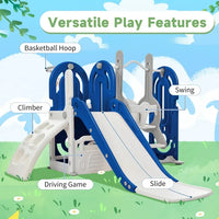 5-in-1 Slide and Swing Playset, Toddler Indoor Climber Slide Playground Set with Safety Belt, Armrest, Basketball Hoop, Freestanding High Adjustable Baby Swing Set for Indoor Outdoor Backyard,Blue