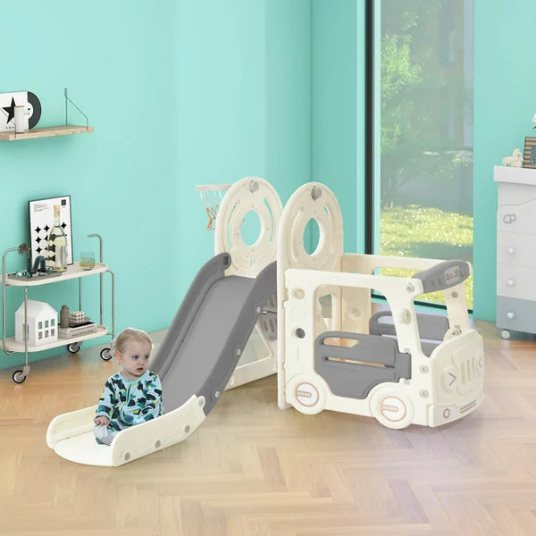 4 In 1 Kids Slide Set, Bus Slide Set with Bus Play Structure for Kids Teens Boys Girls, Freestanding Bus Toy with Slide and Basketball Hoop, Indoor & Outdoor Toys Slide Playset, Easy Setup, Gray