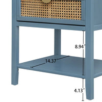 2 Rattan Drawers Nightstand with Non-Slip Foot Pads, American Style Bedside Table with Metal Handle, Boho End Table with Open Shelf for Bedroom, Living Room, 22.05"x15.75"x28.35"H, Blue