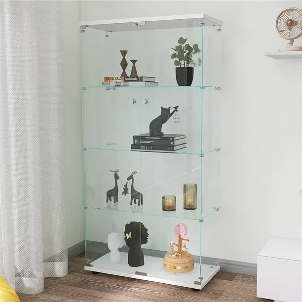 Two-door Glass Display Cabinet 4 Shelves with Door, Floor Standing Curio Cabinet Bookshelf, Tempered Glass Storage Organizer for Living Room, Bedroom and Office, 64.56” x 31.69”x 14.37”, White