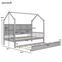 Twin Size House Bed with Trundle Bed, Solid Wood Platform Bed Frame with Storage Shelves and Roof, Storage Canopy Bed with Slats Support for Kids Adults Bedroom, Easy Assembly, Gray