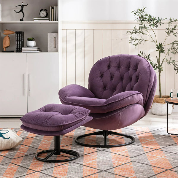 Velvet Swivel Accent Chair with Ottoman,Modern Chaise Lounge with Footstool,Comfy Armchair TV Chairs with Metal Frame and Legs for Living Room,Bedroom,Office,Purple