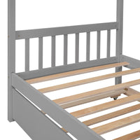 Twin Size House Bed Frame, Wood Platform Bed with Twin Size Trundle, Decorative Canopy Bed Top, Sturdy Frame Wood Legs Supprot, No Box Spring Needed, Gray