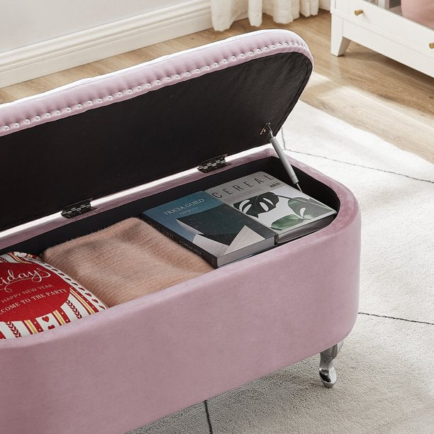 Velvet Storage Bench, Tufted Upholstered End of Bed Bench with Nail Head Decor and Metal Legs, Flip Top Storage Ottoman for Bedroom, Living Room, Entryway, Pink