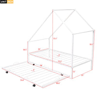 Twin Size House Bed with Trundle, Tent Metal Bed Frame, Floor Play House Bed with Slat, Montessori Beds Metal Canopy Bed Frame, No Box Spring Needed, White