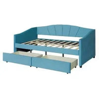 Twin Size Upholstered Daybed, Velvet Daybed with Two Storage Drawers, Wood Slat Support Sofa Bed Frame, No Box Spring Needed, Velvet Grey Daybed with Drawers, No Mattress Included, Blue