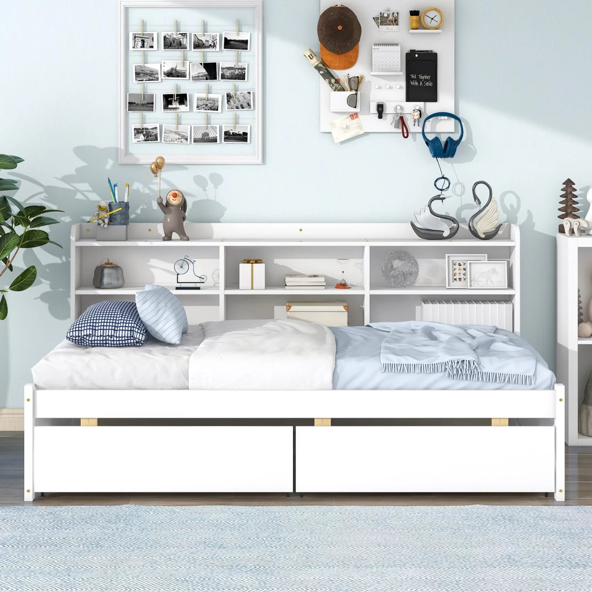 Twin Size Bed Frame with Side Bookcase and 2 Storage Drawers, Platform Bed with Slats Support, Wood Bed Frame for Kids Teens Adults, No Box Spring Needed, White