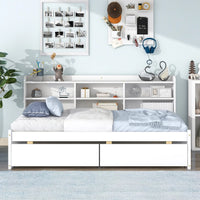 Twin Size Bed Frame with Side Bookcase and 2 Storage Drawers, Platform Bed with Slats Support, Wood Bed Frame for Kids Teens Adults, No Box Spring Needed, White