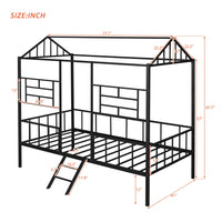 Twin Size House Bed, Metal House Bed Frame with Slatted Support, Low Loft Bed for Kids with Ladder and Full-Length Guardrail, Playhouse Bed with Roof, Window and Door Design for Boys and Girls, Black