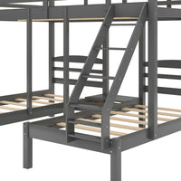 Classic Full Over Twin & Twin Bunk Bed,Triple Bunk Bed with Built In Desk and Drawer,Wooden Bed Frame with Ladder and Safety Guardrails for Kids Teens Adults,No Box Spring Needed, Gray