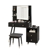 Vanity Table Set with Lighted Mirror Cabinet & Charging Station 3-Color Lighting Makeup Desk with 4 Drawers, Storage Shelves, Cushioned Stool, LED Dressing Table for Women, Black