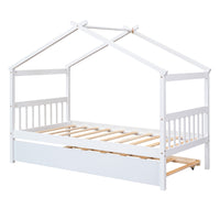 Twin Size House Bed Frame, Wood Platform Bed with Twin Size Trundle, Decorative Canopy Bed Top, Sturdy Frame Wood Legs Supprot, No Box Spring Needed, White